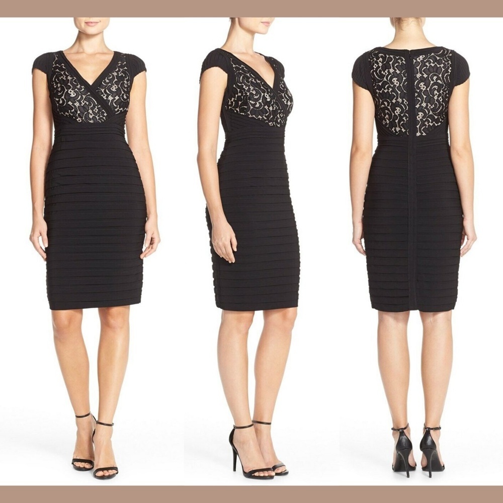 NWT $178 Adrianna‎ Papell Lace & Jersey Sheath Dress Black [SZ 10 ]